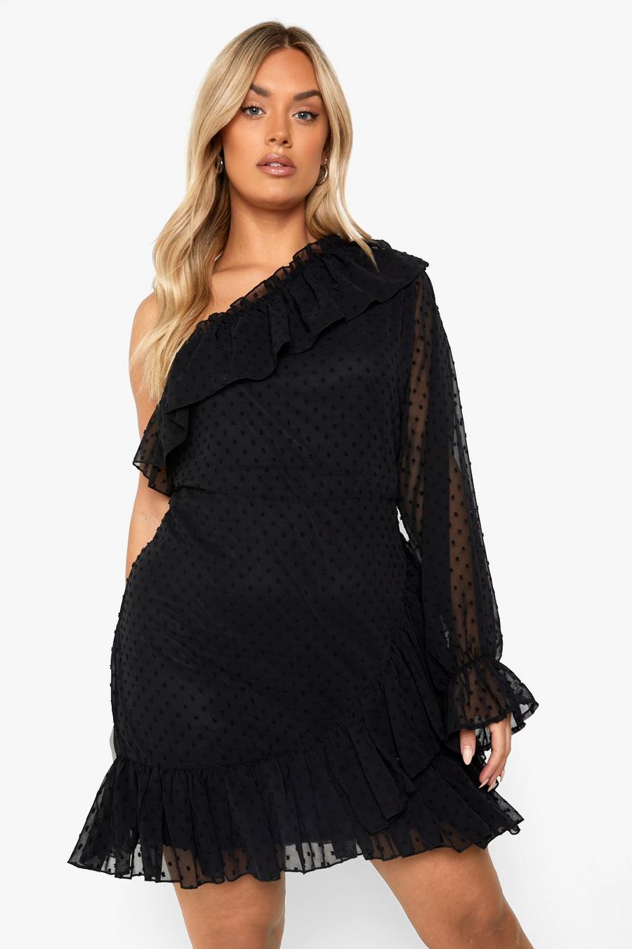 Plus Dobby Mesh One Shoulder Ruffle Dress